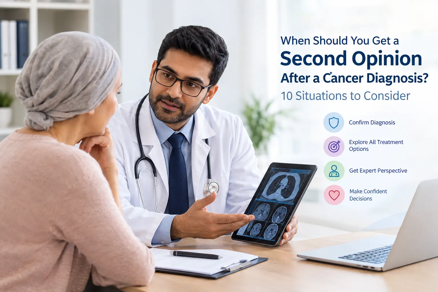 Oncologist reviewing cancer reports and scans during a second opinion consultation