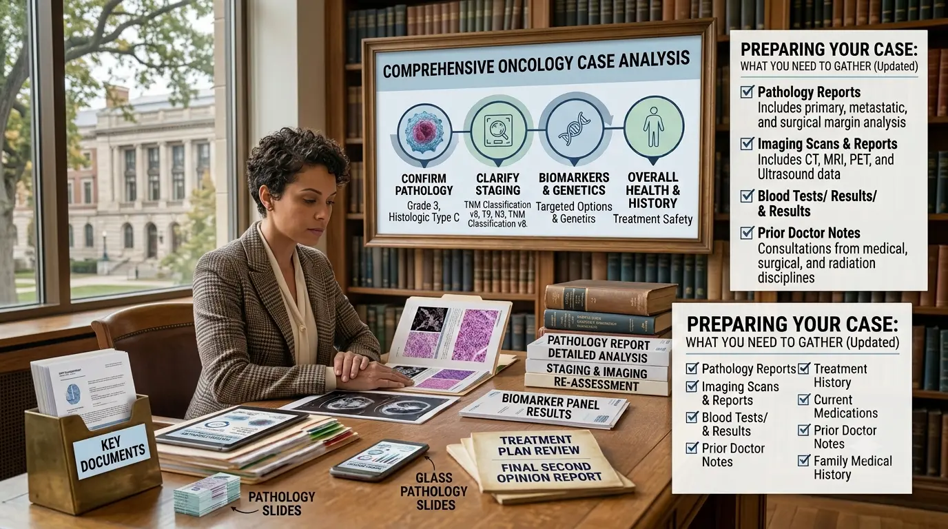Oncologist reviewing pathology reports, scans, and a treatment plan during a cancer second opinion